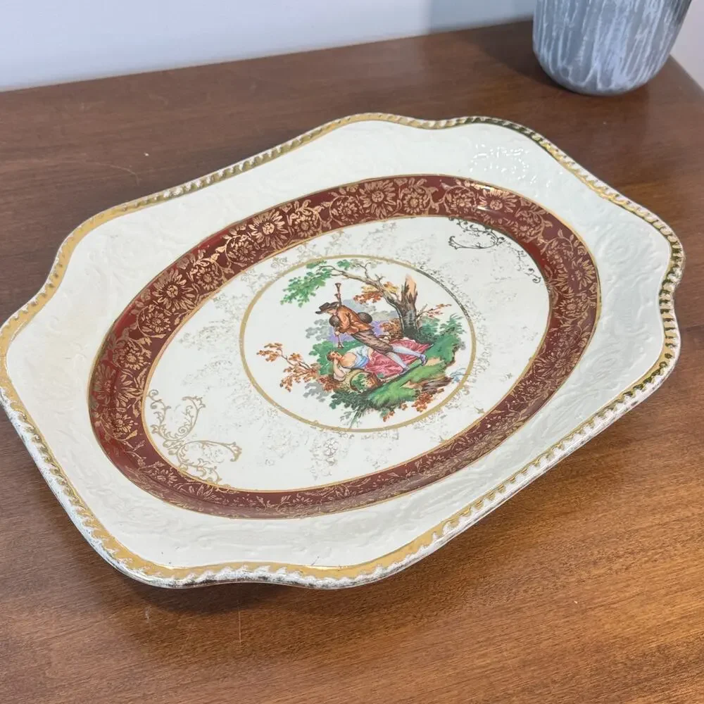 Vintage Atlas China Platter Steubenville Burgundy Gold Romantic Courting Oval